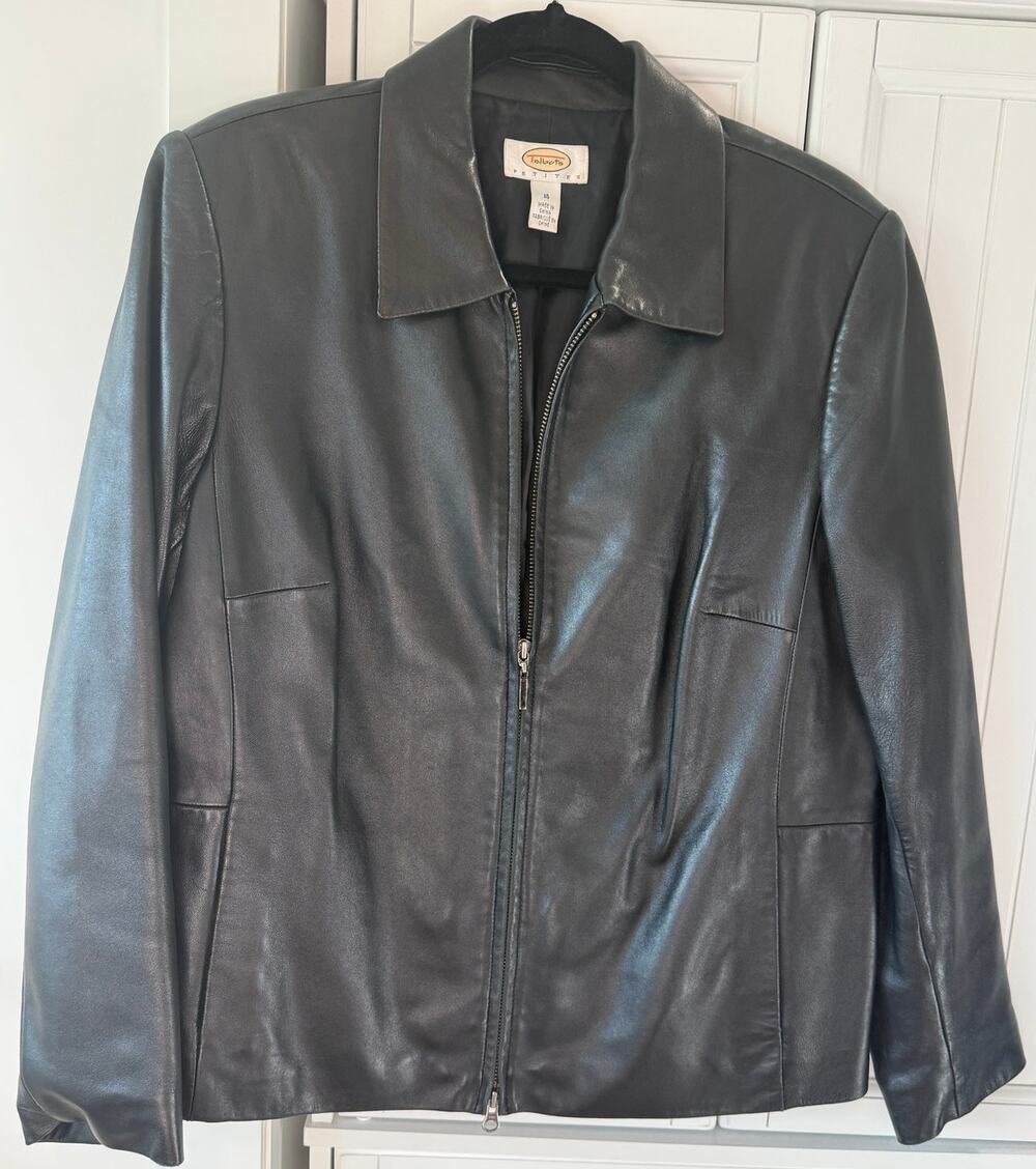 Talbots Petites black leather jacket Size 16P EUC